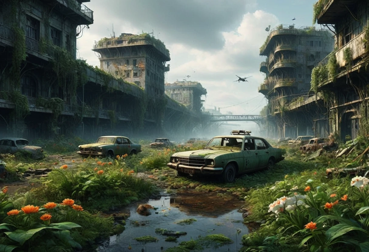 "Create a 3D animation of an abandoned metropolis (2022) in the style of Jakub Rozalski
* rusty airplane, overgrown with moss, showing signs of decay
* Intricate details, including texturing and modeling, in ultra-high quality
* Render the scene in 8K resolution (7680 x 4320 pixels) with extreme attention to detail
The metropolis should be overgrown with lush greenery, with vines and flowers, bridges covering the buildings and streets. Rusty cars should be in various states of disrepair, with visible corrosion and oxidation. Include subtle lighting and atmospheric effects to create a sense of depth and immersion.
deliver detailed, seamless, and high-quality 3D animation that meets these specifications."