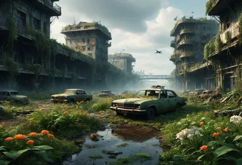 "create a 3d animation of an abandoned metropolis (2022) in the style of jakub rozalski
* rusty airplane, overgrown with moss, s...