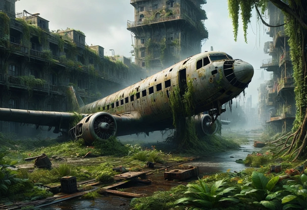 "Create a 3D animation of an abandoned metropolis (2022) in the style of Jakub Rozalski
* rusty airplane, overgrown with moss, showing signs of decay
* Intricate details, including texturing and modeling, in ultra-high quality
* Render the scene in 8K resolution (7680 x 4320 pixels) with extreme attention to detail
The metropolis should be overgrown with lush greenery, with vines and flowers, bridges covering the buildings and streets. Rusty cars should be in various states of disrepair, with visible corrosion and oxidation. Include subtle lighting and atmospheric effects to create a sense of depth and immersion.
deliver detailed, seamless, and high-quality 3D animation that meets these specifications."