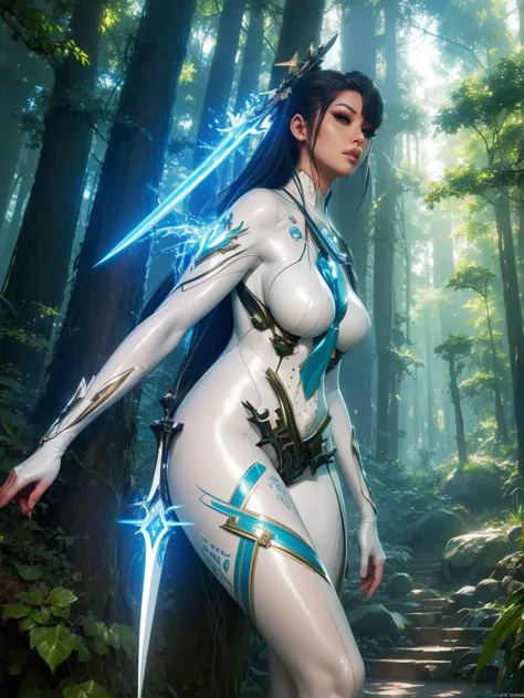 araffed woman in a white suit posing in a forest, eve, star sword, shiny skin, wlop art, fanart best art station, wlop y ross tr...