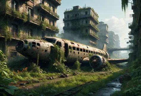 "create a 3d animation of an abandoned metropolis (2022) in the style of jakub rozalski
* rusty airplane, overgrown with moss, s...