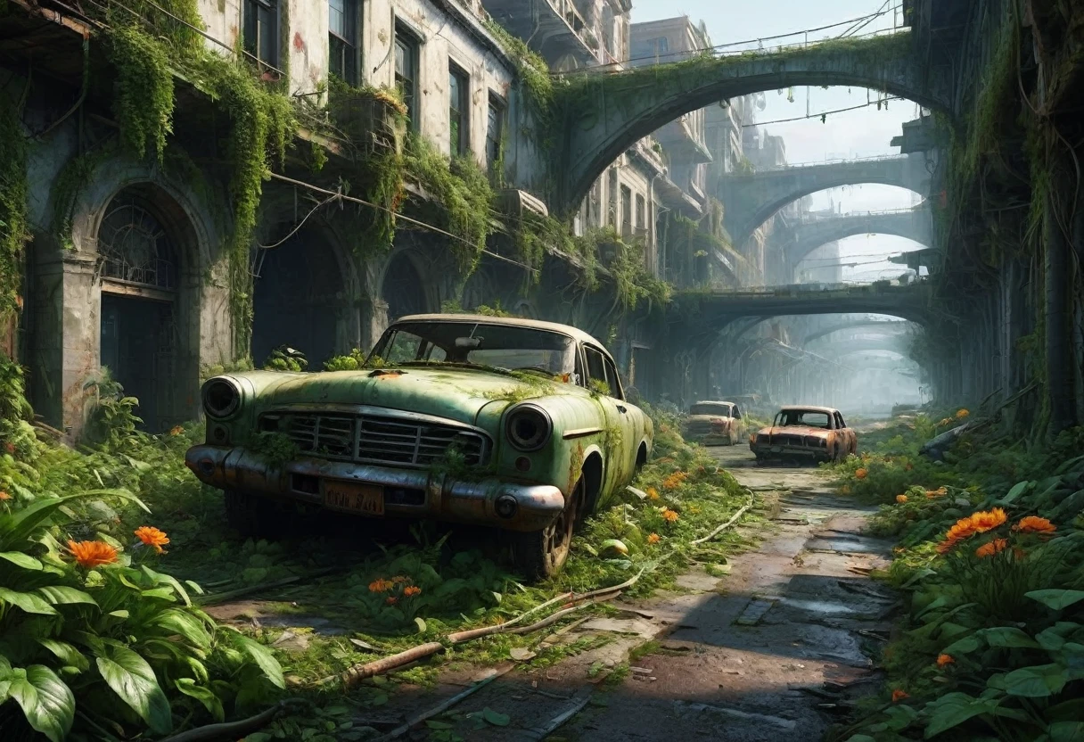 "Create a 3D animation of an abandoned metropolis (2022) in the style of Jakub Rozalski
* rusty airplane, overgrown with moss, showing signs of decay
* Intricate details, including texturing and modeling, in ultra-high quality
* Render the scene in 8K resolution (7680 x 4320 pixels) with extreme attention to detail
The metropolis should be overgrown with lush greenery, with vines and flowers, bridges covering the buildings and streets. Rusty cars should be in various states of disrepair, with visible corrosion and oxidation. Include subtle lighting and atmospheric effects to create a sense of depth and immersion.
deliver detailed, seamless, and high-quality 3D animation that meets these specifications."