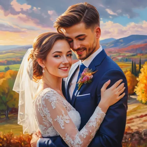 portrait of a young wedding couple, ultra-realistic portrait, colorful landscape. they hug each other happily