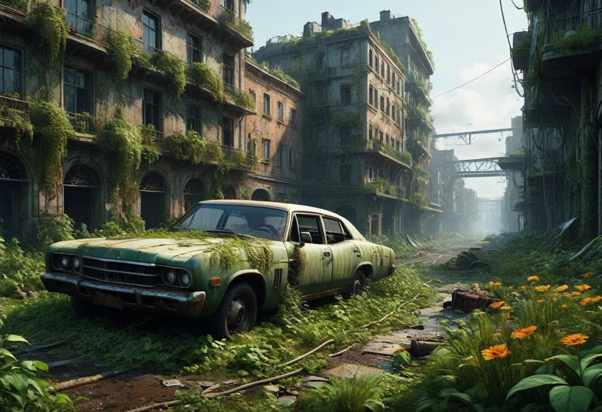 "Create a 3D animation of an abandoned metropolis (2022) in the style of Jakub Rozalski
* rusty airplane, overgrown with moss, showing signs of decay
* Intricate details, including texturing and modeling, in ultra-high quality
* Render the scene in 8K resolution (7680 x 4320 pixels) with extreme attention to detail
The metropolis should be overgrown with lush greenery, with vines and flowers, bridges covering the buildings and streets. Rusty cars should be in various states of disrepair, with visible corrosion and oxidation. Include subtle lighting and atmospheric effects to create a sense of depth and immersion.
deliver detailed, seamless, and high-quality 3D animation that meets these specifications."