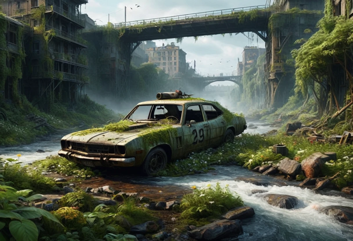 “Create a 3D animation of an abandoned metropolis (2022) in the style of Jakub Rozalski * rusty helicopter covered in moss, showing signs of decay * Intricate details, including texturing and modeling, in ultra-high quality * Render the scene in 8K resolution (7680 x 4320 pixels) with extreme attention to detail The metropolis should be overgrown with lush greenery, vines and flowers, bridges covering buildings and streets. Rusty cars should be in various states of disrepair, with visible corrosion and oxidation. Include subtle lighting and atmospheric effects to create a sense of depth and immersion. Deliver a detailed, seamless, high-quality 3D animation that meets these requirements.”