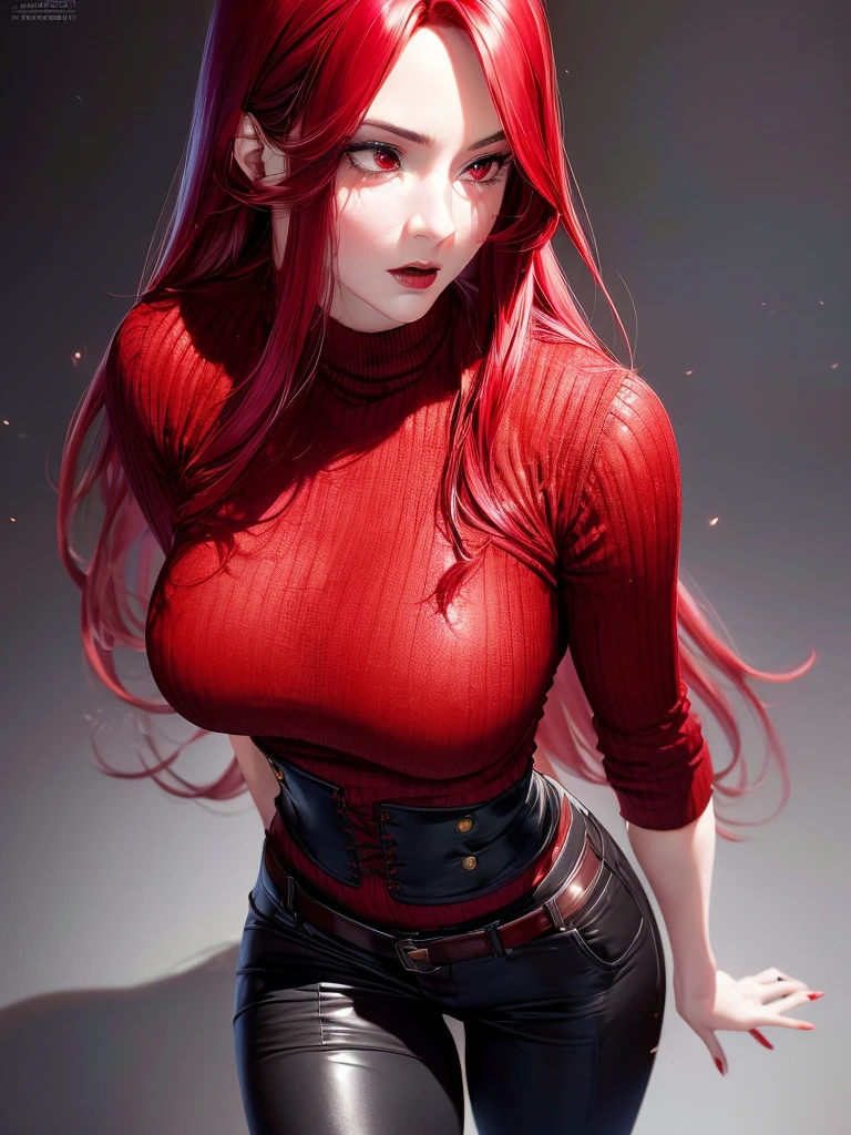 a beautiful woman with long fiery red hair, piercing red eyes, wearing a red sweater and black pants with boots, with a voluptuous figure, (best quality,4k,8k,highres,masterpiece:1.2),ultra-detailed,(realistic,photorealistic,photo-realistic:1.37),intricate details,cinematic lighting,dramatic shadows,oil painting,muted colors,warm tones,chiaroscuro lighting,dramatic pose,intense expression