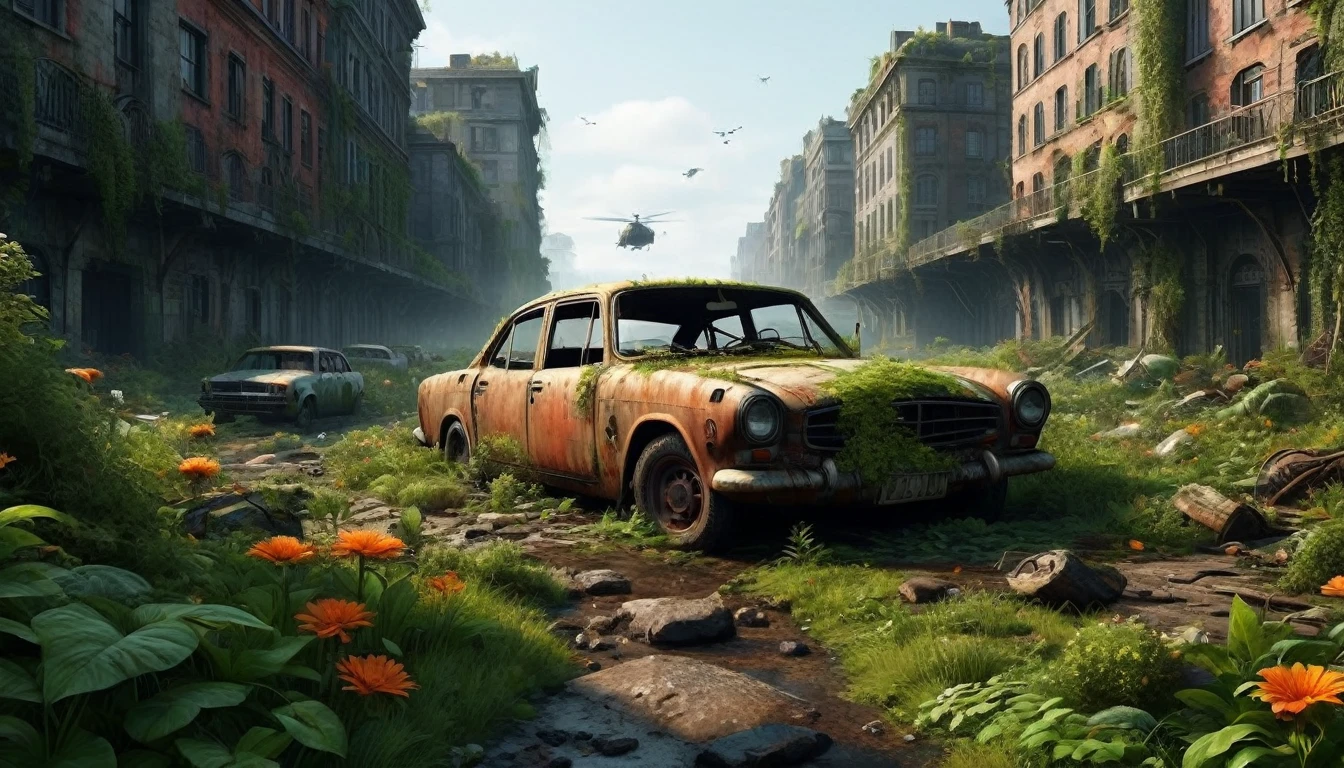 “Create a 3D animation of an abandoned metropolis (2022) in the style of Jakub Rozalski * rusty helicopter covered in moss, showing signs of decay * Intricate details, including texturing and modeling, in ultra-high quality * Render the scene in 8K resolution (7680 x 4320 pixels) with extreme attention to detail The metropolis should be overgrown with lush greenery, vines and flowers, bridges covering buildings and streets. Rusty cars should be in various states of disrepair, with visible corrosion and oxidation. Include subtle lighting and atmospheric effects to create a sense of depth and immersion. Deliver a detailed, seamless, high-quality 3D animation that meets these requirements.”