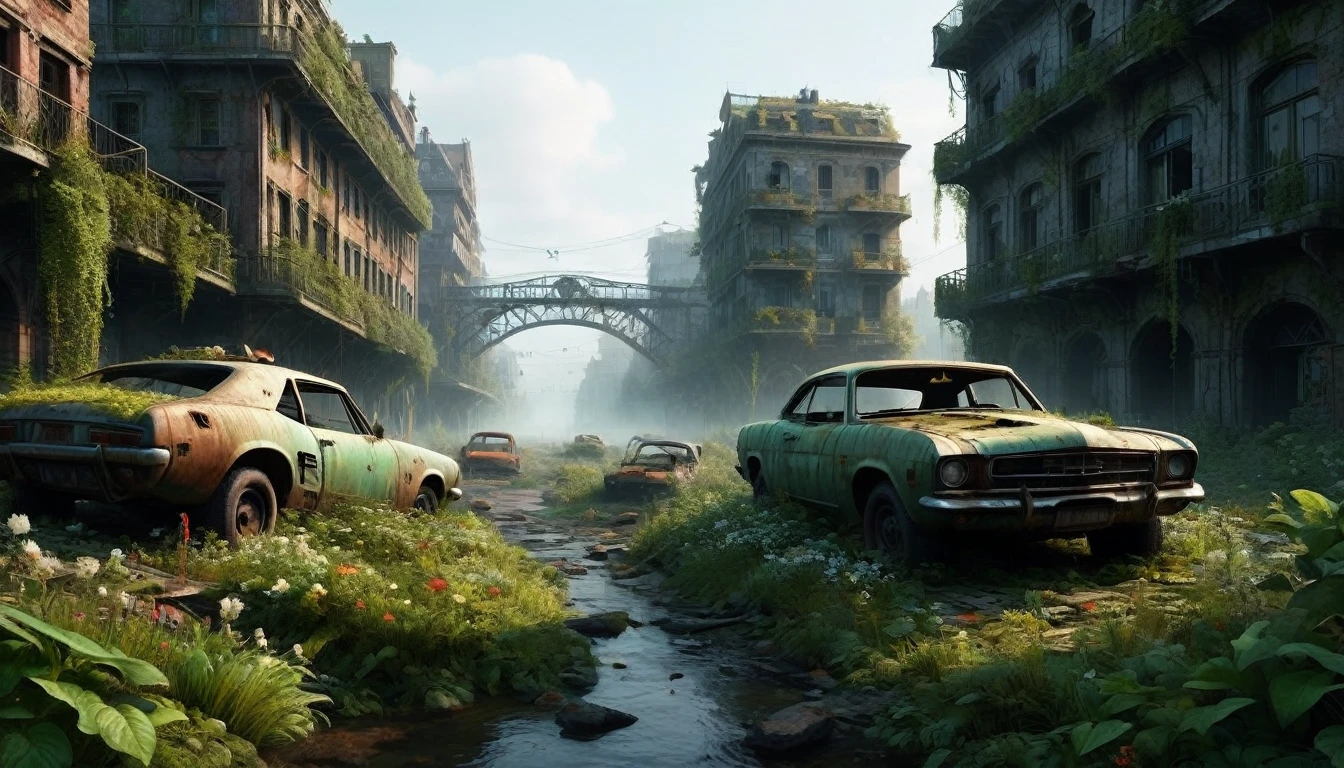 “Create a 3D animation of an abandoned metropolis (2022) in the style of Jakub Rozalski * rusty helicopter covered in moss, showing signs of decay * Intricate details, including texturing and modeling, in ultra-high quality * Render the scene in 8K resolution (7680 x 4320 pixels) with extreme attention to detail The metropolis should be overgrown with lush greenery, vines and flowers, bridges covering buildings and streets. Rusty cars should be in various states of disrepair, with visible corrosion and oxidation. Include subtle lighting and atmospheric effects to create a sense of depth and immersion. Deliver a detailed, seamless, high-quality 3D animation that meets these requirements.”