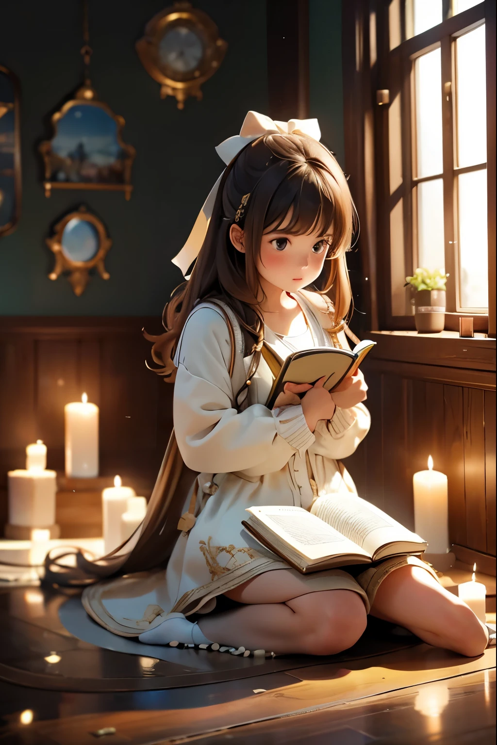 a girl reads a book sitting on the floor illuminated by candles behind her there is a bay window from which you can see the 