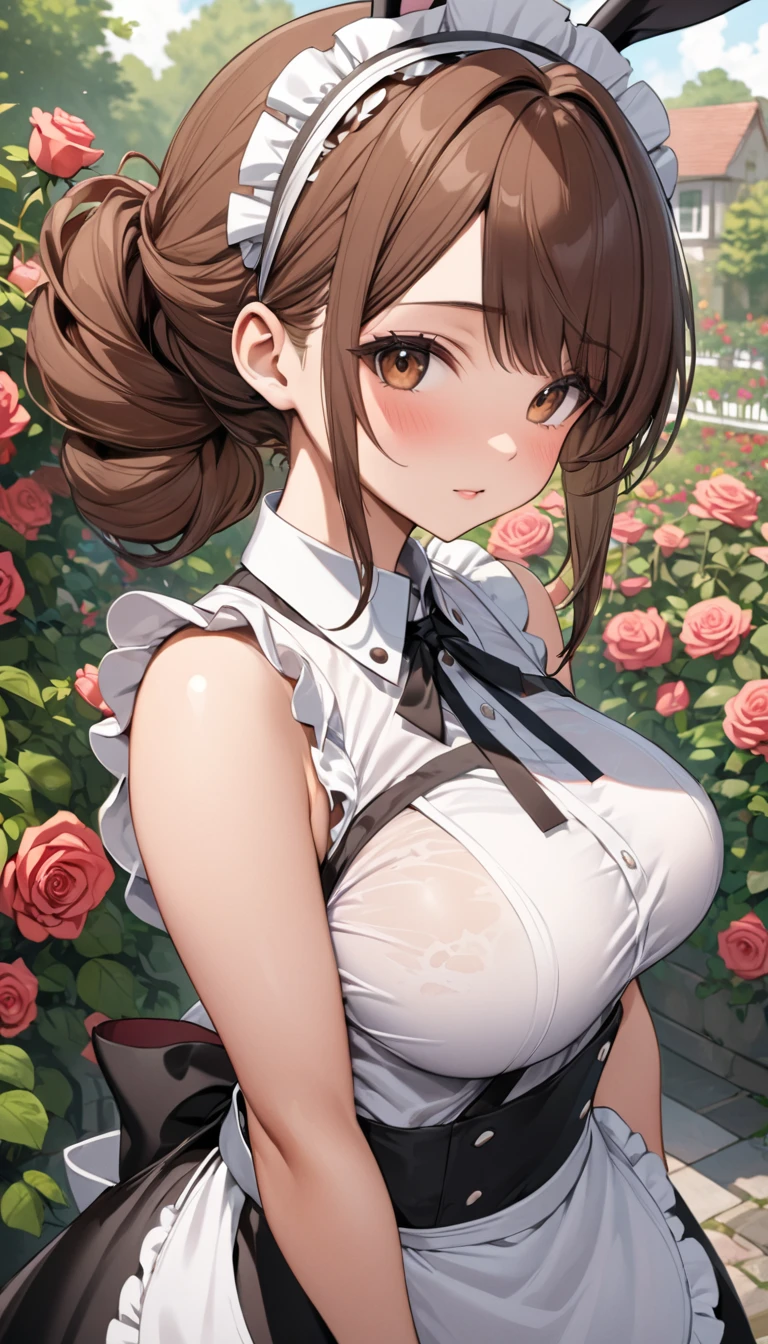 (brown hair), braided ponytail, ((rabbit ears)), maid headdress, Fujicolor, (((masterpiece))), ((textured skin)), (((high details))), highres, cute, lovely, maid, Apron dress, big breasts, overhead view, ((rose garden)), (sleeveless shirt:1.7)