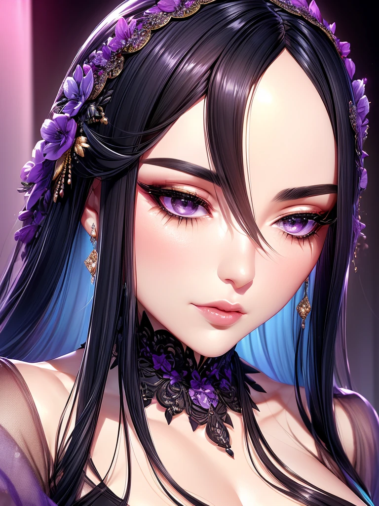 a woman with black eyes and long black hair, wearing a beautiful purple spring dress, with a large bust, detailed portrait, hyper realistic, 8k, high quality, photorealistic, cinematic lighting, dramatic colors, elegant, graceful, charming, alluring, mysterious, atmospheric, captivating gaze, flowing dress, lush fabric, intricate details, glowing skin, flawless complexion, long lashes, well-defined features, opulent, luxurious, dreamlike, ethereal, exquisite, mesmerizing, stunning, breathtaking