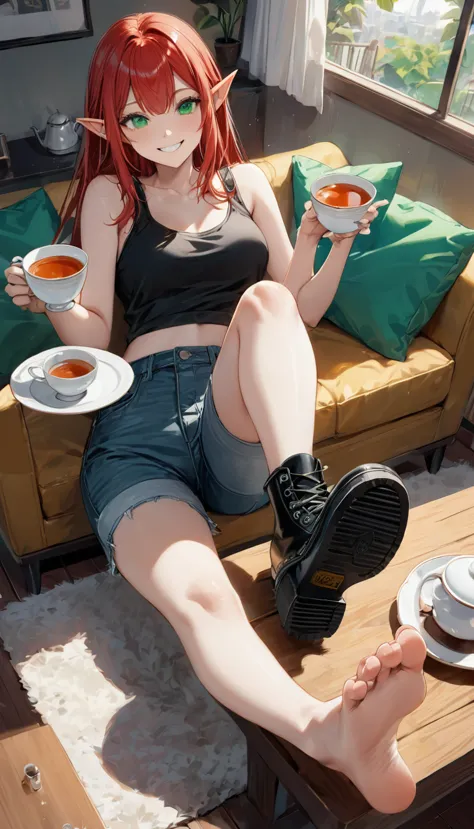 1 female elf with long fire red hair, emerald green eyes, black tank top and jeans small shorts. she's sitting on a couch, grinn...