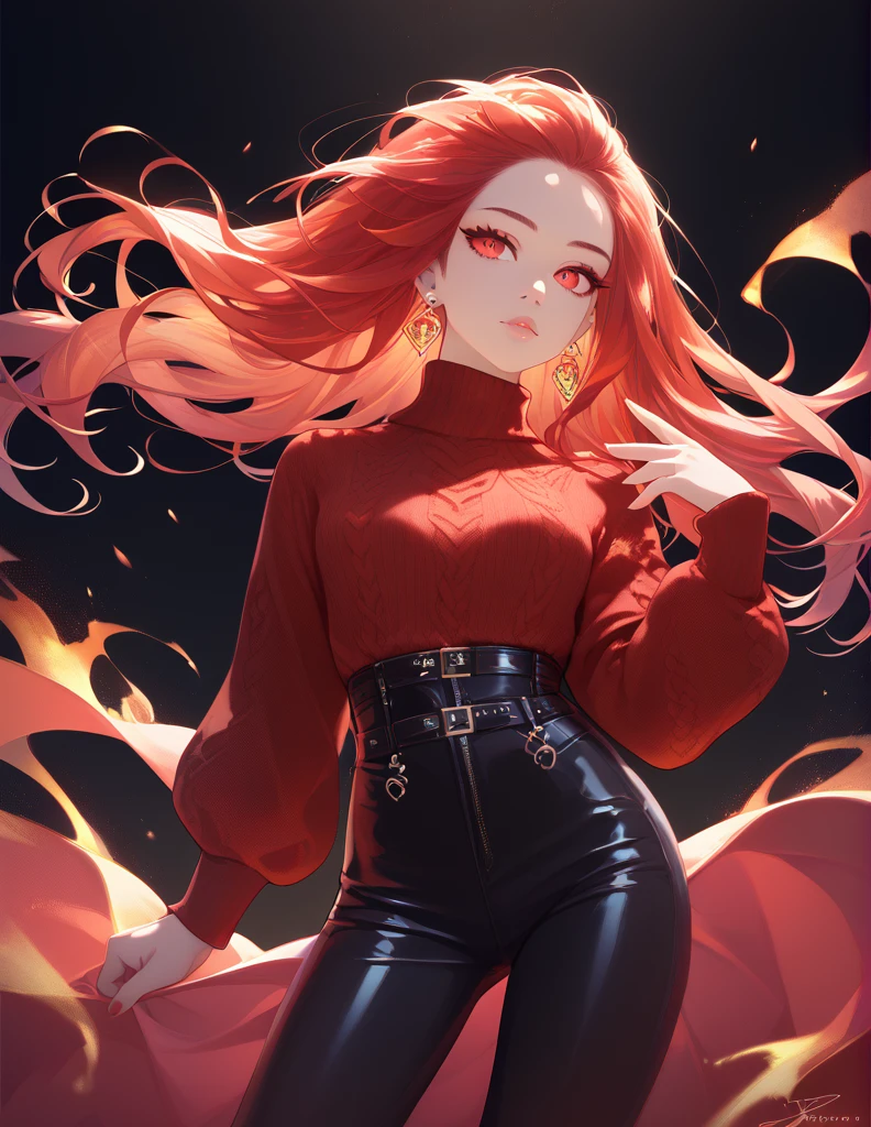 beautiful woman with long fiery-red hair, piercing red eyes, wearing a red sweater, black pants and boots, with a luxurious figure, detailed eyes, detailed lips, extremely detailed face, long eyelashes, photorealistic, high resolution, ultra-detailed, masterpiece, vibrant colors, dramatic lighting, cinematic, fantasy, dark, elegant, fashion portrait