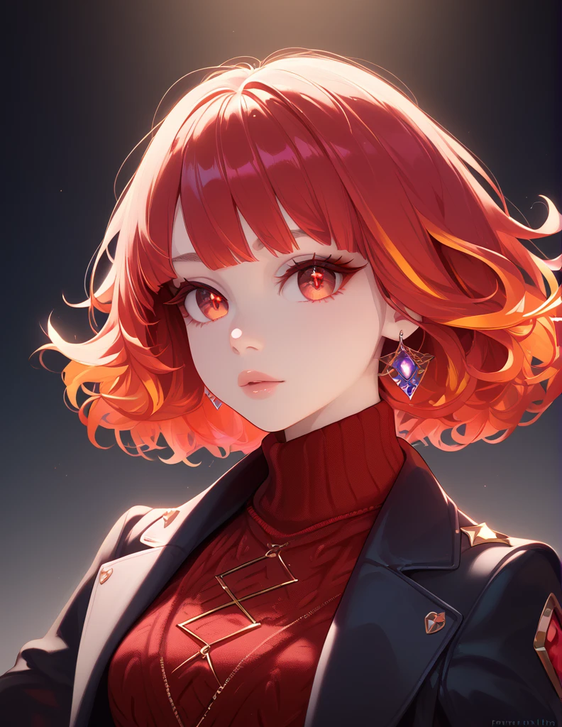 beautiful woman with long fiery-red hair, piercing red eyes, wearing a red sweater, black pants and boots, with a luxurious figure, detailed eyes, detailed lips, extremely detailed face, long eyelashes, photorealistic, high resolution, ultra-detailed, masterpiece, vibrant colors, dramatic lighting, cinematic, fantasy, dark, elegant, fashion portrait