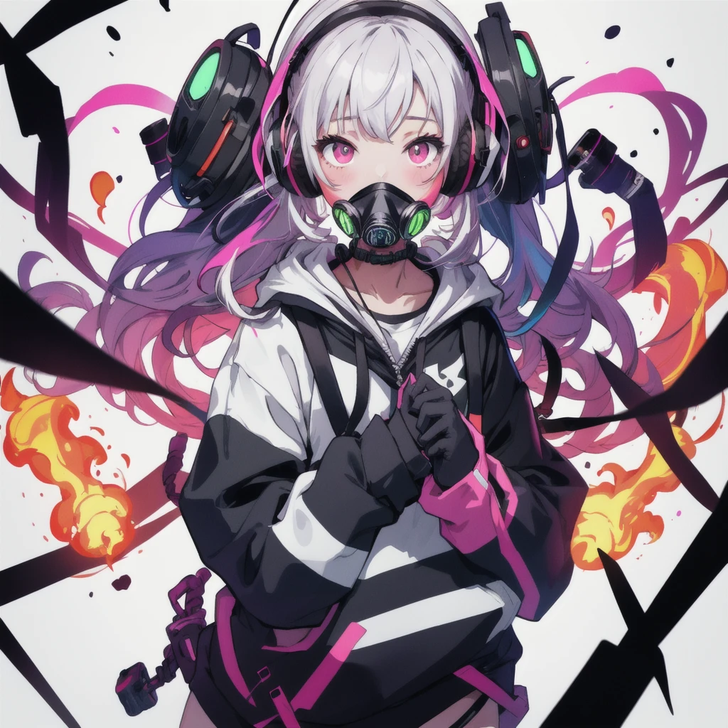 1girl,Headphones, hoodie, Vibrant colors, neon, White background、gas mask、