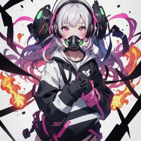 1girl,headphones, hoodie, vibrant colors, neon, white background、gas mask、