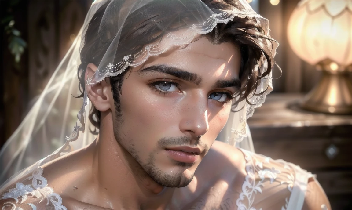 "((highly detailed, detailed eyes, detailed face, clear and realistic facial features, photorealistic, realistic light; cinematic)), (1 man), ((((summer home background)))), (((23-year-old male))), (((seductive sexy enigmatic gorgeous Iranian male model))), ((((acting enticing)))), ((seductive expression)), (((blushing))), ((dark brown eyes)), (((dark Iranian skin))), ((sexy ethnic Iranian man)), ((((mysterious eyes)))), (((long dark-brown natural eyelashes))), (((clean-shaven face))), ((white bridal veil)), ((white bride's lingerie)), (((posing seductively))."
