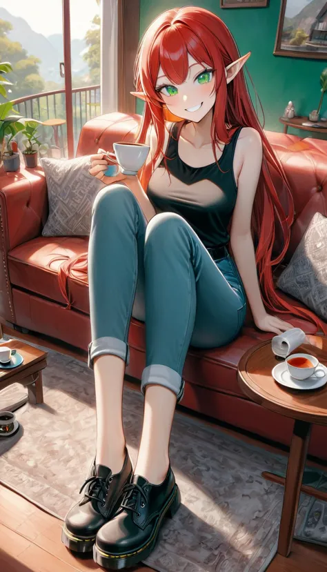 1 female elf with long fire red hair, emerald green eyes, black tank top and jeans small shorts. she's sitting on a couch, enjoy...