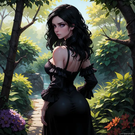 ((ultra detailed, masterpiece, best quality)) w3yennefer, 1girl, solo, purple eyes, dress, in a lush jungle with vibrant flowers...