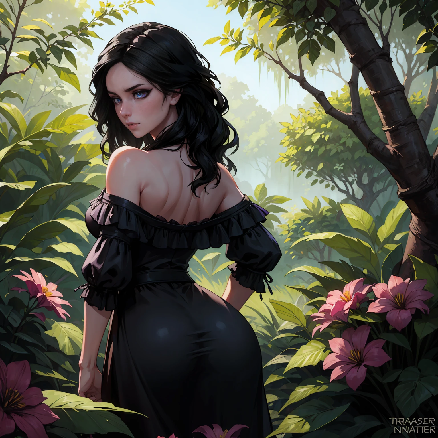 ((ultra detailed, masterpiece, best quality)) W3Yennefer, 1girl, solo, purple eyes, dress, in a lush jungle with vibrant flowers, from behind, looking back