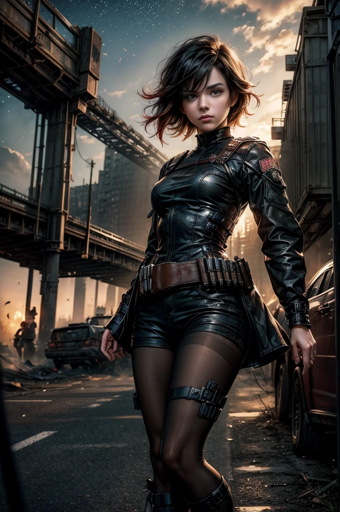 (masterpiece, best quality:1.2), cowboy shot, solo, dynamic pose, 1girl, ruby rose, looking at viewer, military uniform,  pantyhose, standing under a bridge, next to wrecked vehicles, bonfire, crowd searching with rifles, (crowd in military unifom) night, stars, closed mouth, serious look, serious expression, post-apocalypse, dystopian future 