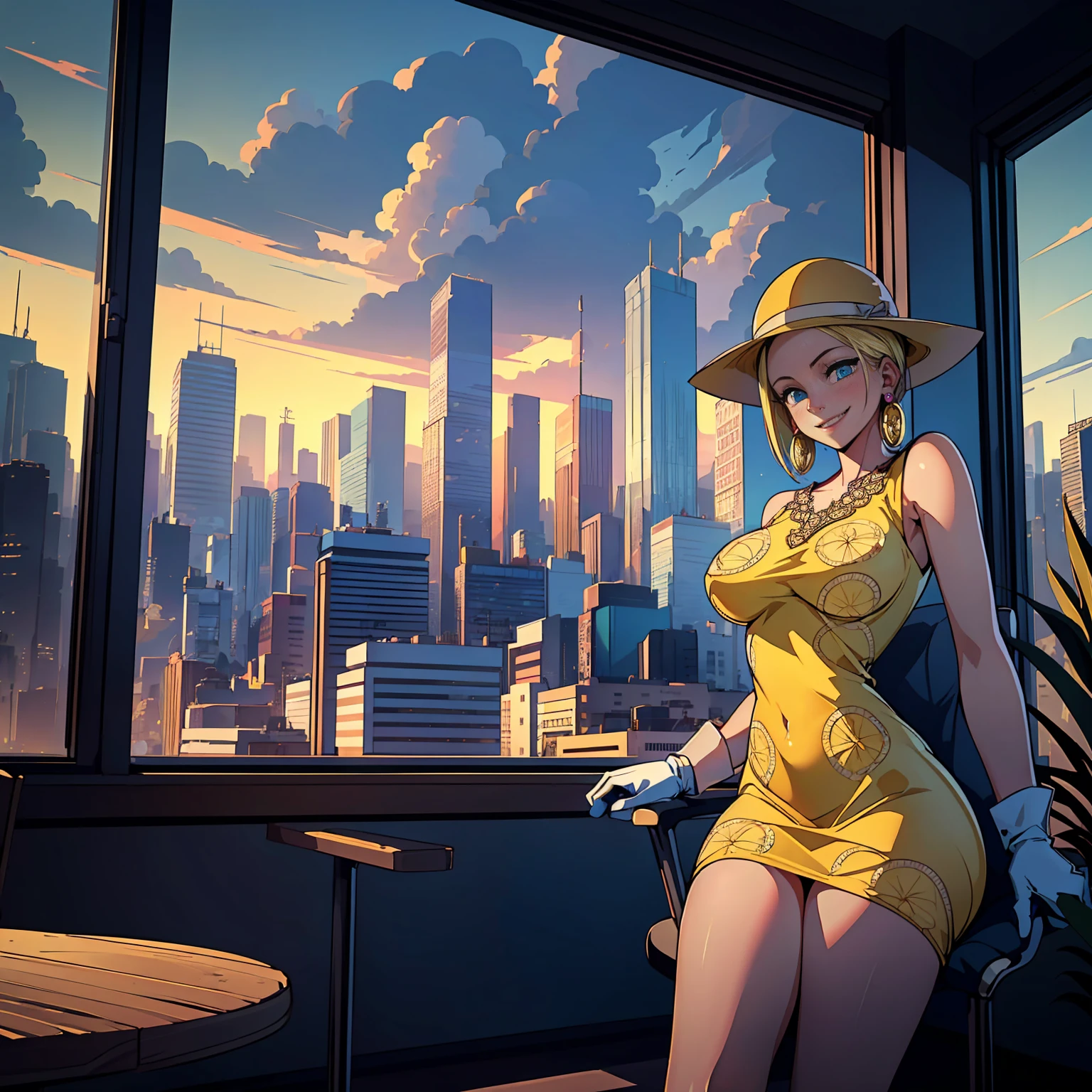 masterpiece, ((ultra detailed background, delicate pattern, intricate detail)), (highly detailed, fine details), best quality, beautiful lighting, ((medium breasts, slim girl)), MissValentine, 1girl, solo, blonde hair, jewelry, earrings, short hair, smile, yellow dress, gloves, umbrella, (yellow hat), blue eyes,  (neodark, scenery, plant, cityscape, cloud, sky, chair, city, window, skyscraper, indoors, building, night, city lights, cloudy sky), (cowboy shot),  