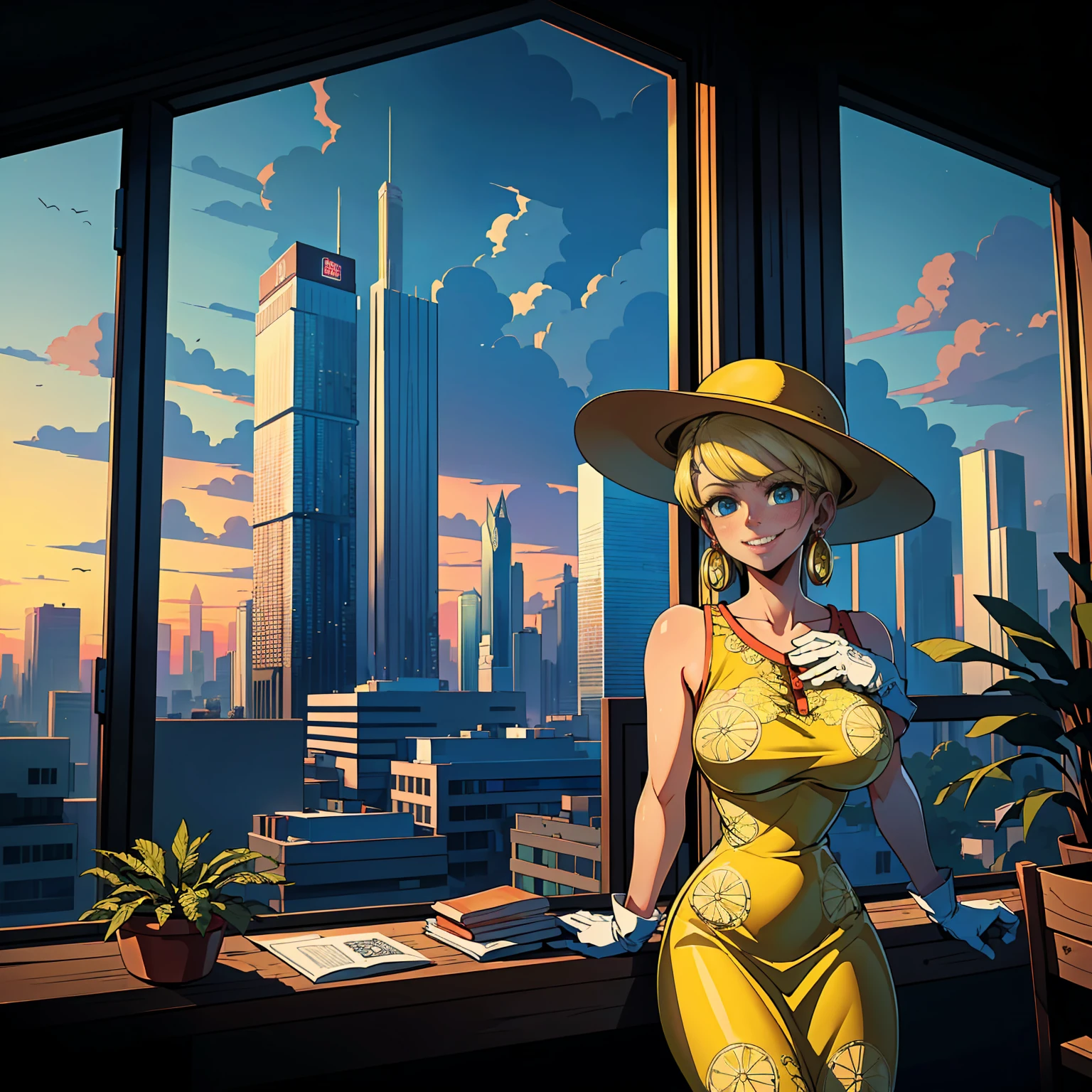 masterpiece, ((ultra detailed background, delicate pattern, intricate detail)), (highly detailed, fine details), best quality, beautiful lighting, ((medium breasts, slim girl)), MissValentine, 1girl, solo, blonde hair, jewelry, earrings, short hair, smile, yellow dress, gloves, umbrella, (yellow hat), blue eyes,  (neodark, scenery, plant, cityscape, cloud, sky, chair, city, window, skyscraper, indoors, building, night, city lights, cloudy sky), (cowboy shot),  