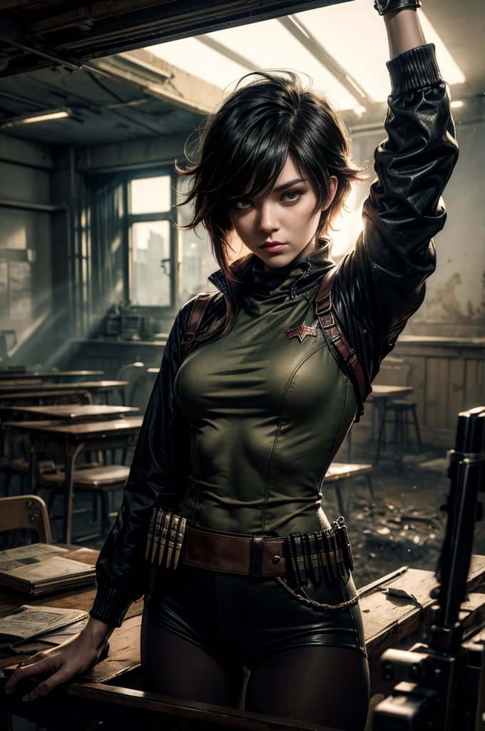 (masterpiece, best quality:1.2), cowboy shot, solo, dynamic pose, 1girl, ruby rose, looking at viewer, military uniform,  pantyhose, standing inside wrecked classroom, ruble on old desks, collapsed ceiling, , bonfire, crowd outside searching with rifles, (crowd in military uniforms) night, stars, closed mouth, serious look, serious expression, post-apocalypse, dystopian future 