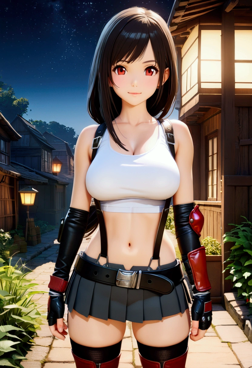 score_9,score_8_up,score_7_up,BREAK source_anime, (cute little).photorealistic anime girl render, realistic anime 3 d style.masterpiece, best quality, (recent), perfect anatomy, very aesthetic,photorealistic,.straight view,,mediumshot,Solo,1girl, tifa lockhart, final fantasy,black hair, low-tied long hair, red eyes, bangs, white tank top,gap,(High exposure)，the ribs,,(belt, pleated skirt, thighhighs, elbow fingerless gloves, elbow pads, midriff, navel,suspenders.skirt),slender waist,slender hip,(large_breast:1.3),light smile,outdoor,star sky,night, depth of field、natural soft light,profetional lighting,