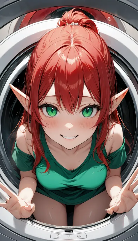 1 female elf with long fire red hair, emerald green eyes and an evil mischievous smile. she's looking from the closed glass door...