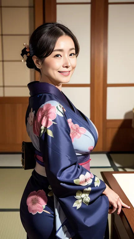 mature attractive sexy woman,50 years old, ((kimono)),((navy blue))、(((kimono))),shut,((big breasts:1.1)),(facial wrinkles:1.3),...