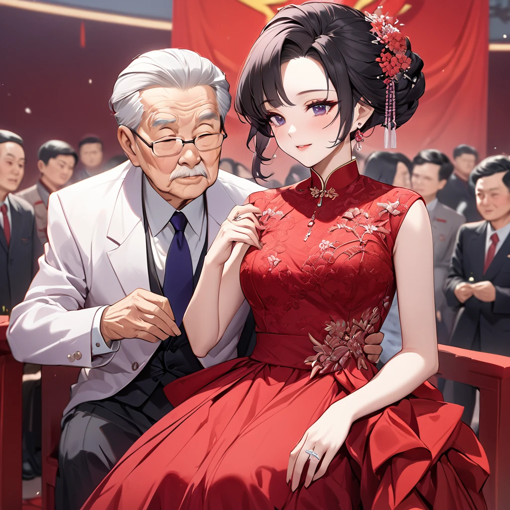 ((Highest quality)), ((masterpiece)), (detailed), （Perfect Face）、The woman is a Chinese woman named Kocho Shinobu, with black hair in a purple gradient bob with a formal evening hairstyle. She is wearing an engagement ring. She is a member of the prestigious Chinese Communist Party and the wife of a great old Communist Party official.、The woman is wearing a gorgeous and gorgeous red wedding dress and is holding a loving wedding ceremony with a dignified elderly Communist Party official, who is a member of the Chinese Communist Party.