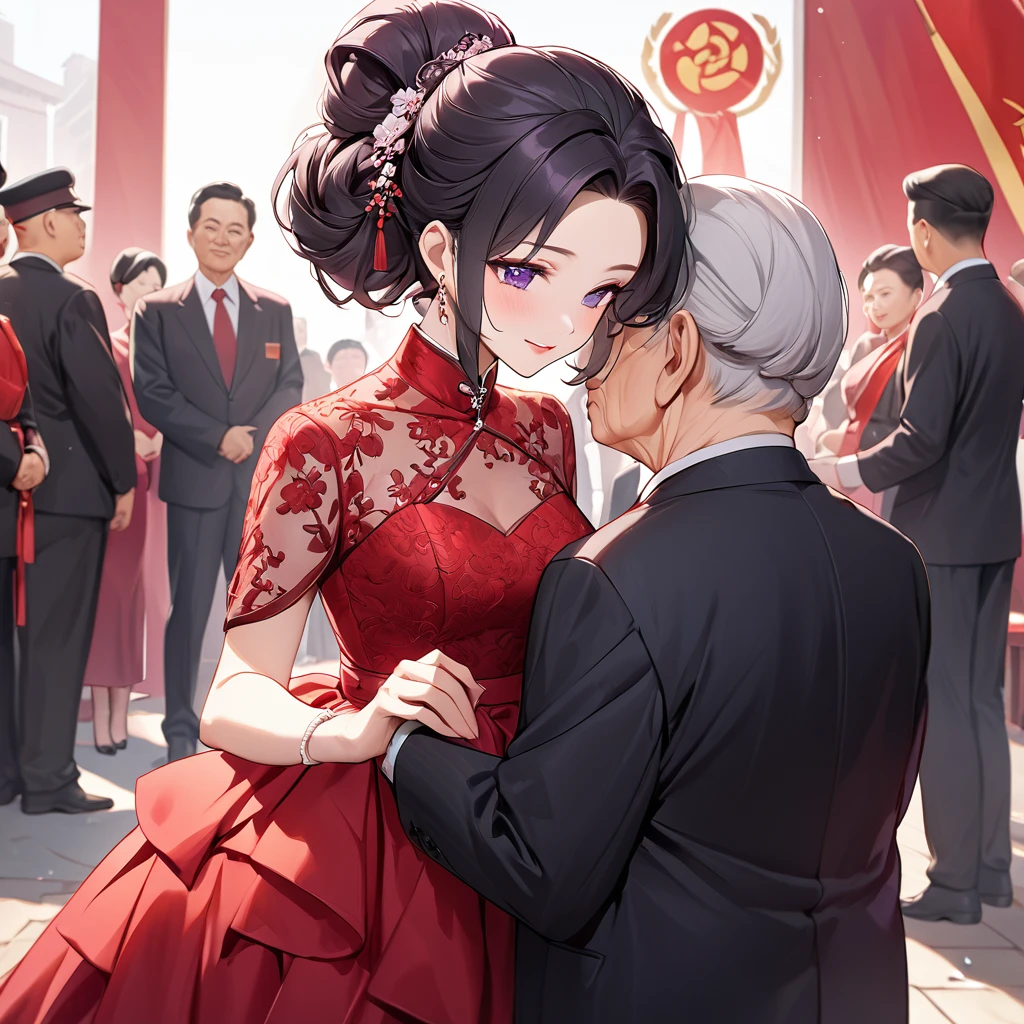 ((Highest quality)), ((masterpiece)), (detailed), （Perfect Face）、The woman is a Chinese woman named Kocho Shinobu, with black hair in a purple gradient bob with a formal evening hairstyle. She is wearing an engagement ring. She is a member of the prestigious Chinese Communist Party and the wife of a great old Communist Party official.、The woman is wearing a gorgeous and gorgeous red wedding dress and is holding a loving wedding ceremony with a dignified elderly Communist Party official, who is a member of the Chinese Communist Party.