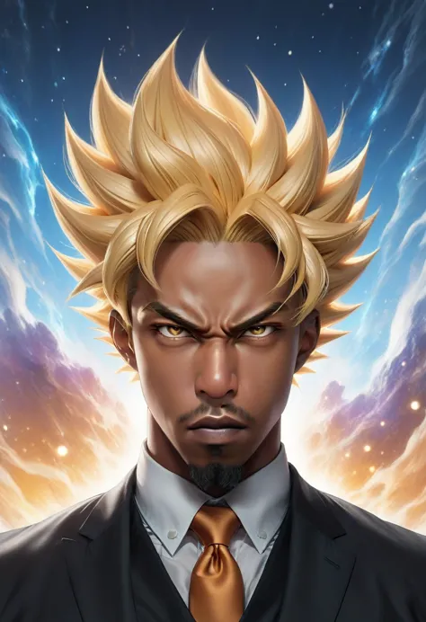 shawt ,a powerful black man embodying goku's essence stands in a fantastical realm. his muscular form radiates golden energy, ha...