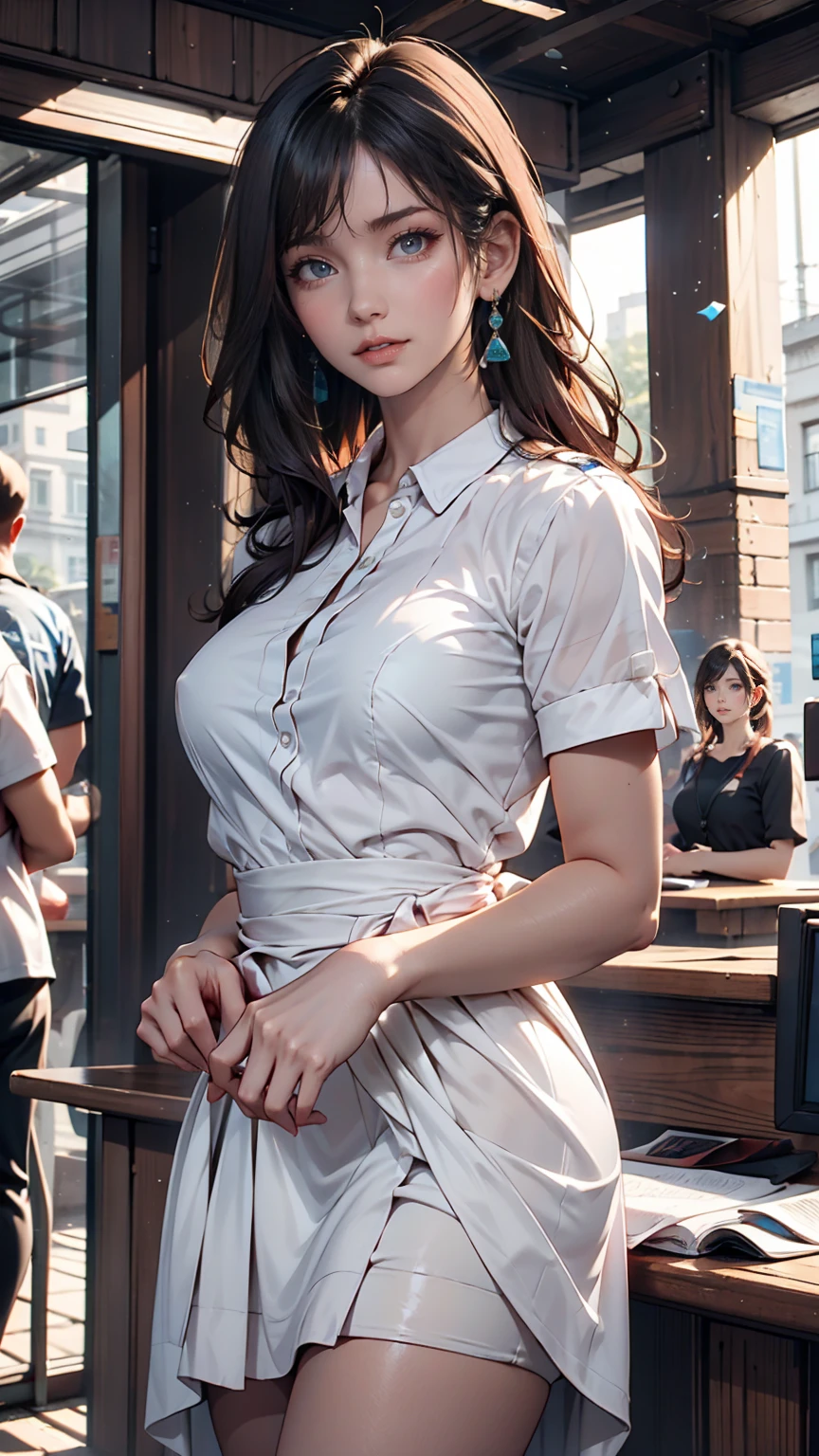 1 female, Black Hair, Blue Eyes, Delicate face, cute, Love Earrings, White Dress, Standing in front of the police station, Surreal