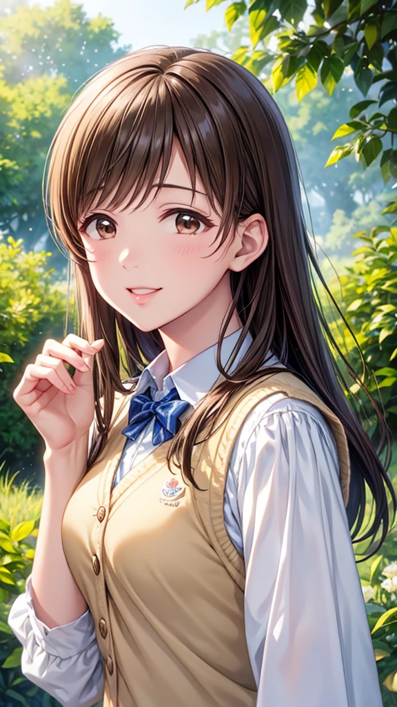 ((Depiction of only the upper body))、Highest quality、high resolution、High definition、HD、((Stroll through the Botanical Gardens、Lush、The sunlight is sparkling))、(Nitta Minami、Long Hair、Medium chest、Brown Hair、Brown eyes、Glossy lips、Glowing Skin、Realistic skin texture、(White cardigan vest))、Love me、(blush、smile、Very fun、Staring at me)、(Very close to me)