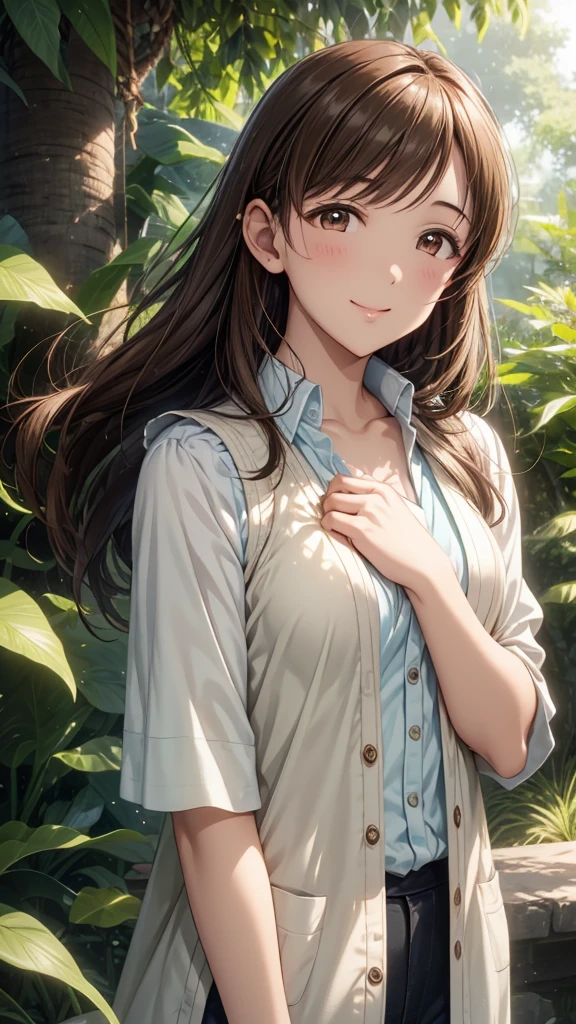 ((Depiction of only the upper body))、Highest quality、high resolution、High definition、HD、((Stroll through the Botanical Gardens、Lush、The sunlight is sparkling))、(Nitta Minami、Long Hair、Medium chest、Brown Hair、Brown eyes、Glossy lips、Glowing Skin、Realistic skin texture、(White cardigan vest))、Love me、(blush、smile、Very fun、Staring at me)、(Very close to me)