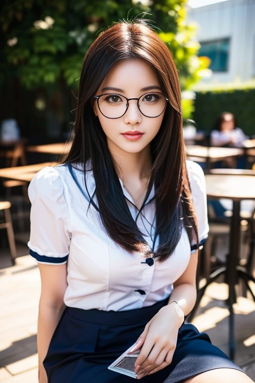 (A gorgeous Chinese lady, age 28, a professional lecturer wearing formal office attire, blazers, short-sleeve white shirt with pockets & buttons, pencil mini-skirt, sitting to read a book in a outdoor cafe,

(geeky, feminine, gentle, friendly), spectacles, #roundeyeware, #glasses, #eyeware, kind smile, dimpled cheeks, cute snaggle-tooth, short ponytail, bob hair trimmed, short straight hair, symmetrical face, beautiful detailed face, bright_and_full_of_warmth_eyes, detailed eyes, ample round bosom, perfect body anatomy,

Award-winning, photorealistic, hyper-realism, high contrast, ultra HD, realistic skin textures, top image quality, top-quality, super high resolution, fine details, very meticulously, masterpiece, High angle shot, medium shot, cowboy shot, positive affirmation, serene ambience, bokeh night background, SFW)