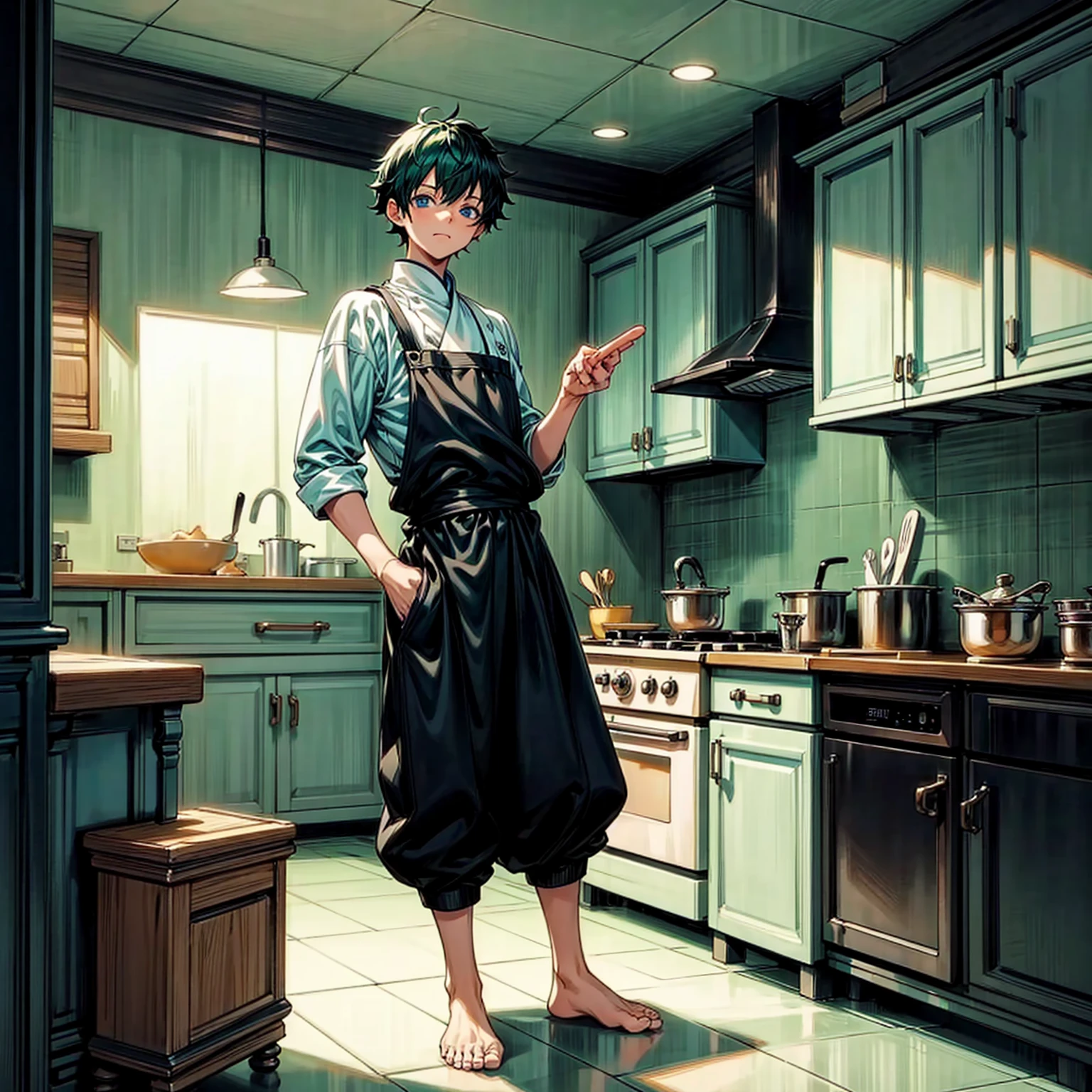 Solo character, full body version, baby kid boy, his height is short, blue eyes, green half black color hair, short Curly haircut, Chef outfit, black pants, no shoes, no shock, detailed background, indoor, town, kitchen, cooking gesture, (Bleach style art)