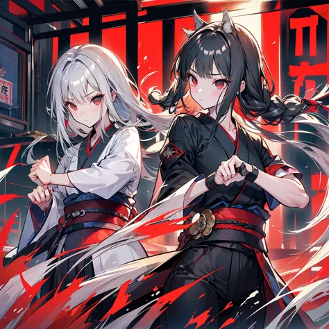 high quality,,black kimono,gray hair,long hair, seductive red eyes,nice,japanese style,fight,martial arts,fist,fistのfight,movie,...