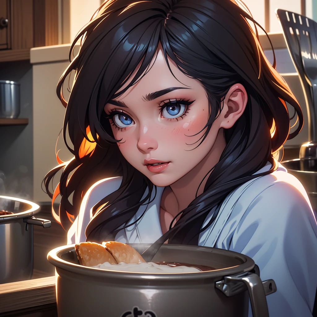 detailed portrait of a human with a surprised expression, beautiful detailed eyes, beautiful detailed lips, extremely detailed face, long eyelashes, messy hair, steam rising from a pot, cooking utensils in the background, warm lighting, vibrant colors, photorealistic, 8k, high resolution, masterpiece