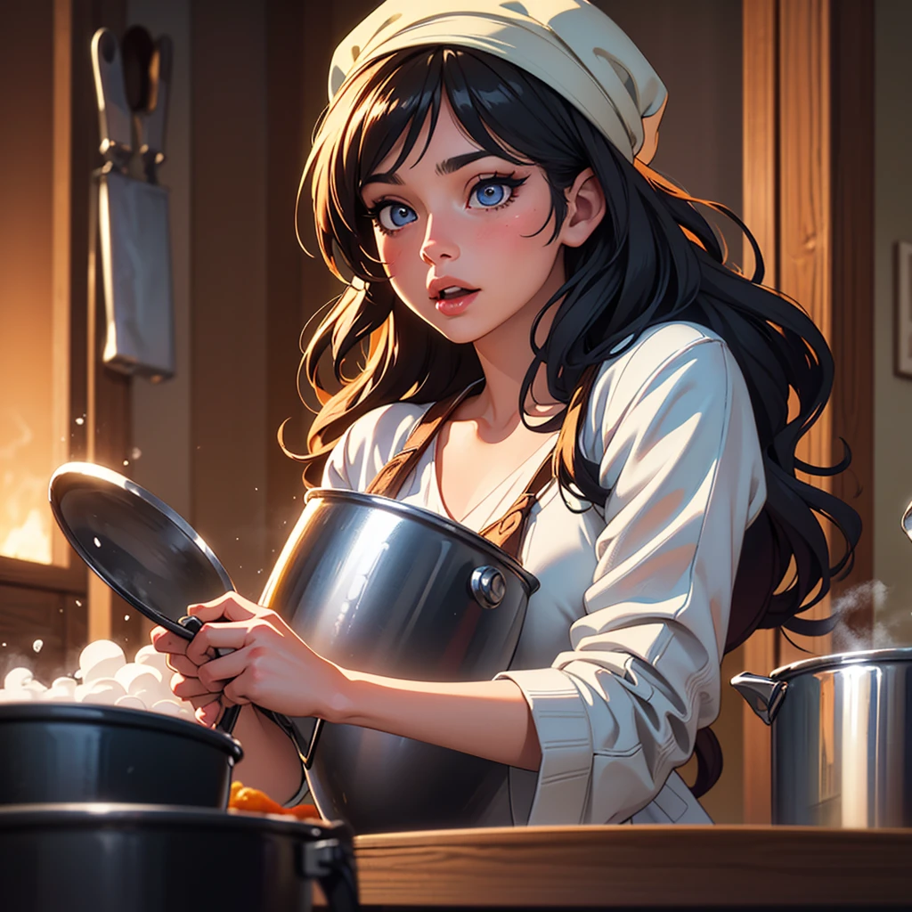 detailed portrait of a human with a surprised expression, beautiful detailed eyes, beautiful detailed lips, extremely detailed face, long eyelashes, messy hair, steam rising from a pot, cooking utensils in the background, warm lighting, vibrant colors, photorealistic, 8k, high resolution, masterpiece