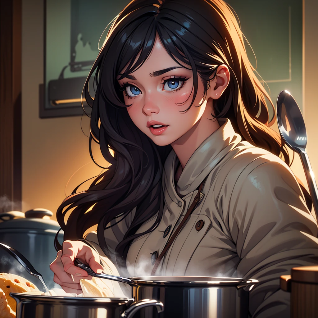 detailed portrait of a human with a surprised expression, beautiful detailed eyes, beautiful detailed lips, extremely detailed face, long eyelashes, messy hair, steam rising from a pot, cooking utensils in the background, warm lighting, vibrant colors, photorealistic, 8k, high resolution, masterpiece