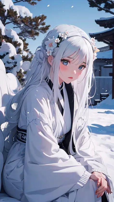 1girl,long hair,face to the view,close up,looking at viewer,snow hanfu,long dress,clothes flowing,zen atmosphere,white backgroun...