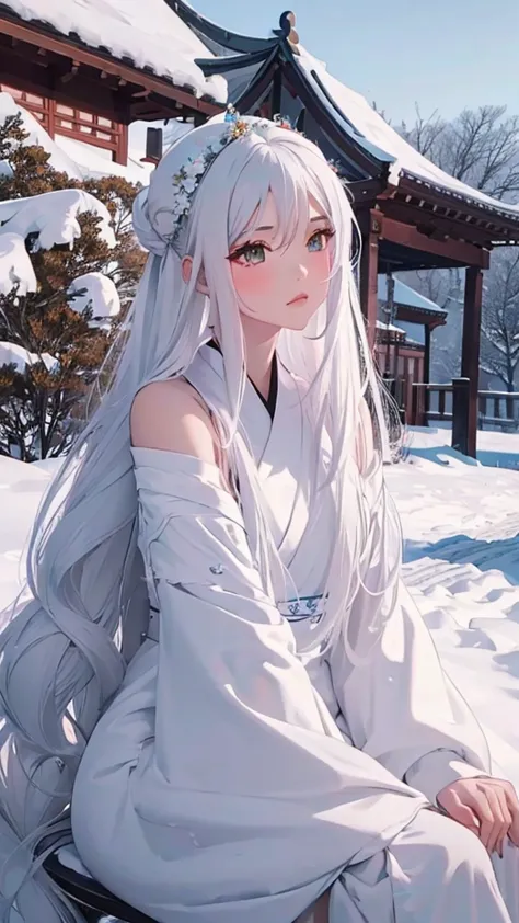 1girl,long hair,face to the view,close up,looking at viewer,snow hanfu,long dress,clothes flowing,zen atmosphere,white backgroun...