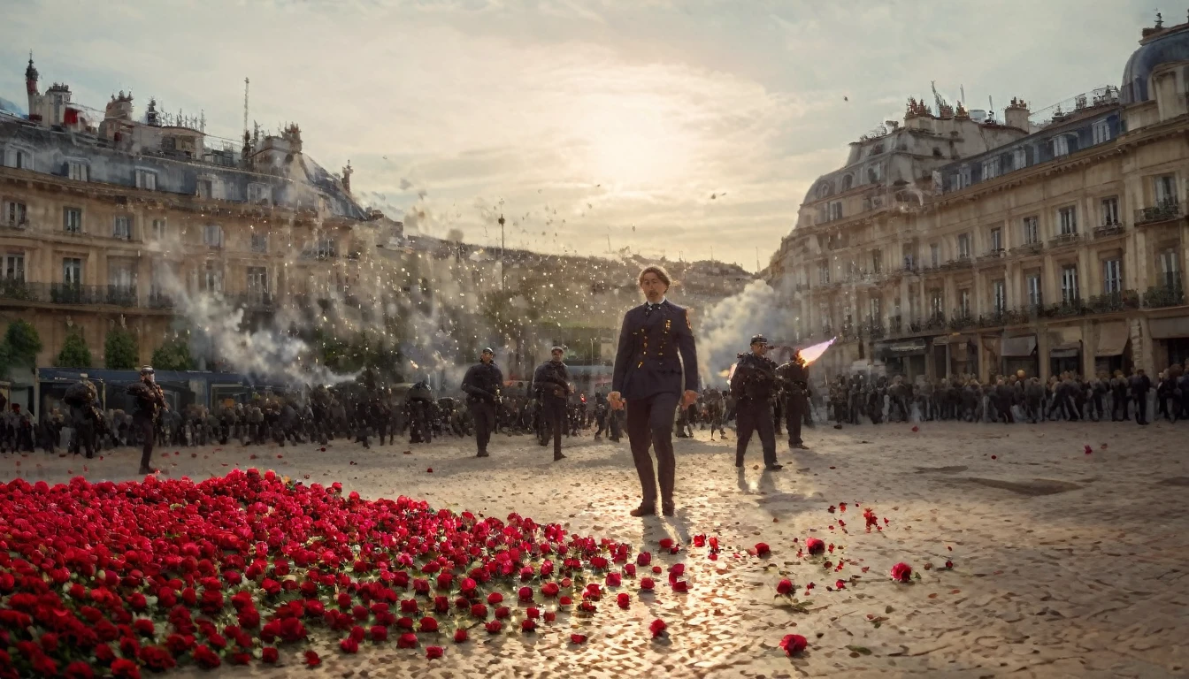 soldiers in the streets; war scene; bombs falling from the sky in the Paris city(((big wide explosions))); (((roses flowers on the ground))); shallow depth of field, highly detailed, high budget Hollywood film, bokeh, cinemascope, epic, gorgeous, film grain; "(Best Quality,High resolution); (bright and intense colors:1.1),(realist:1.1) graphic art style,Frightening