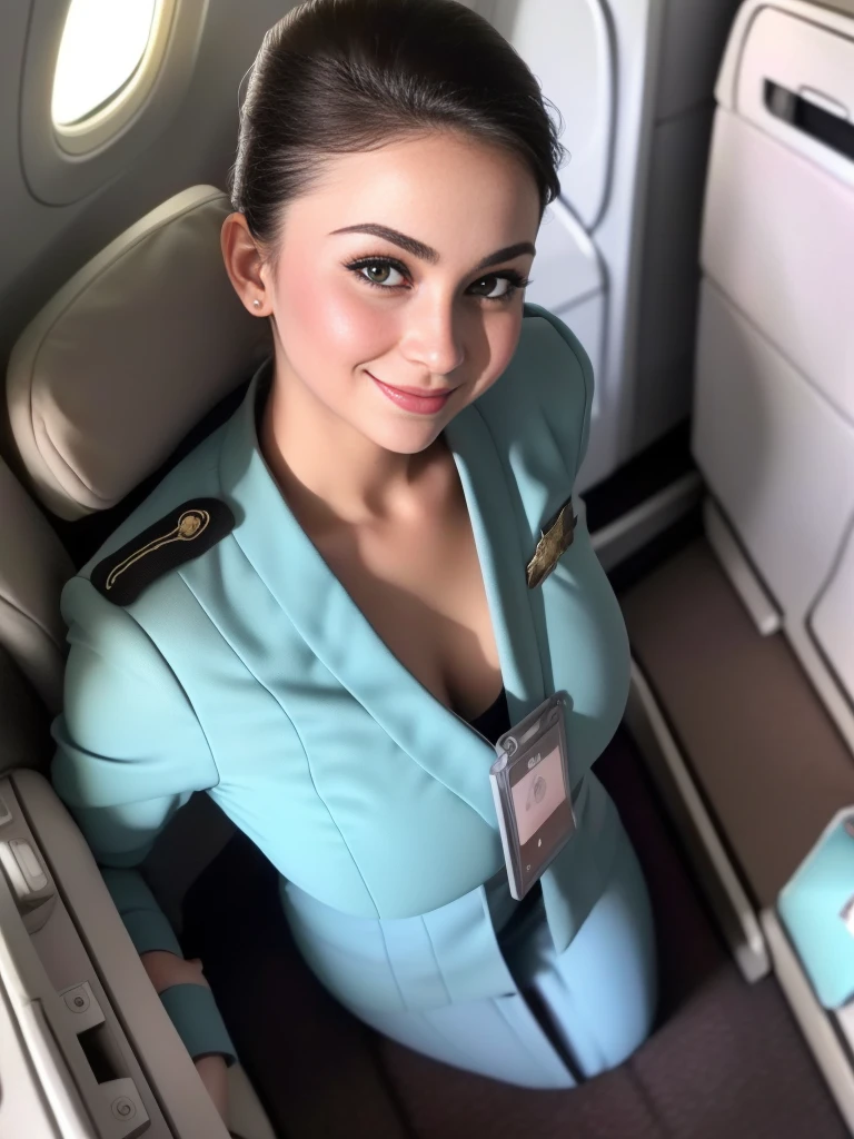 1girl, solo, 19 years old, (uniform), detailed inside commercial airplane, seductive pose, thick medium breasts, fit body, smooth realistic skin, cute little smirk, looking at the audience, high angle shot, (overhead view:1.4), (zoom-out:1.3), (8k, RAW photo, best quality, masterpiece: 1.4), (realistic, realistic: 1.37), ultra-high resolution, cowboy shot