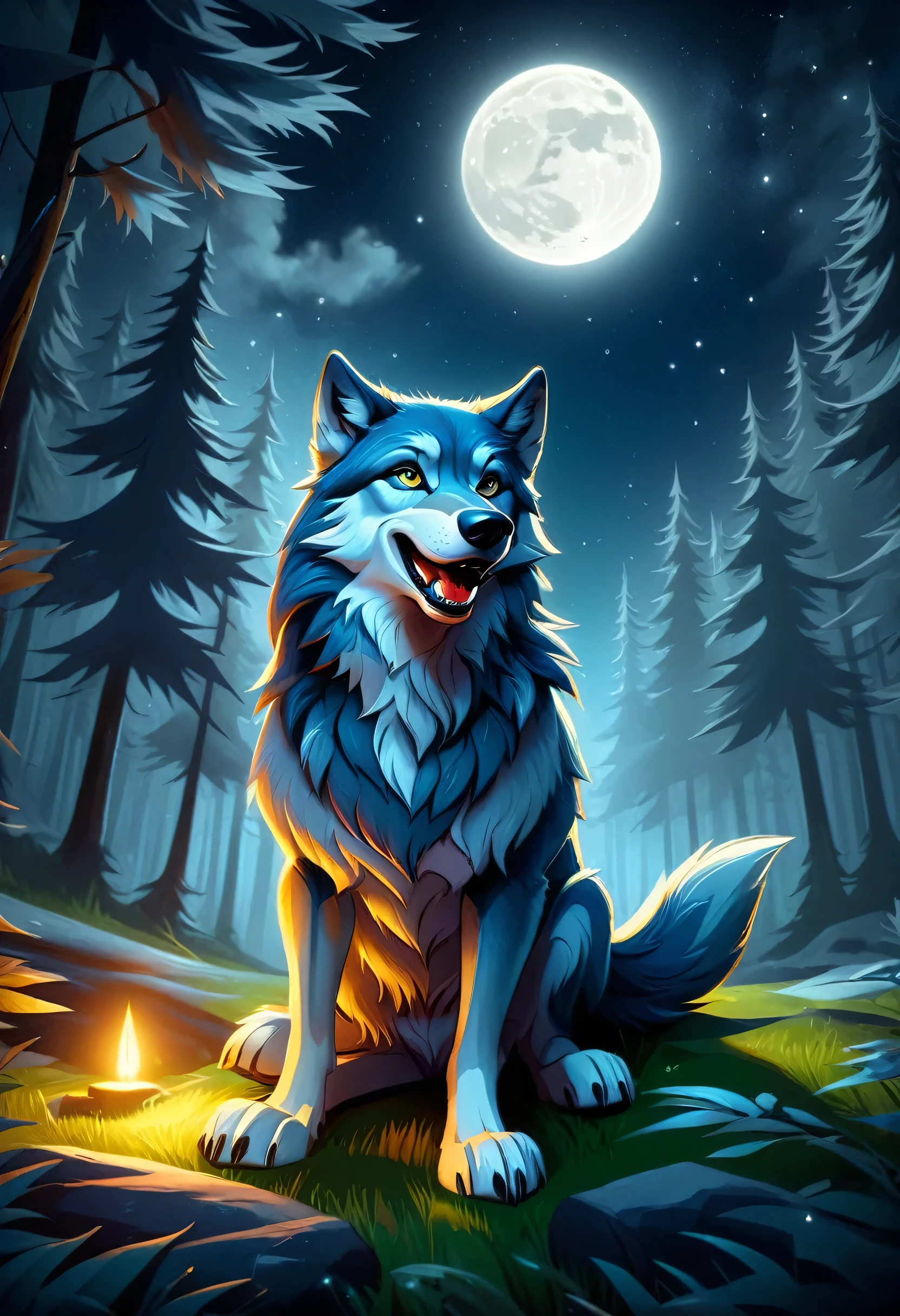 Cartoon wolf sitting in the forest at night under a full moon, ein anthropomorpher Wolf, wolf fursona, pelziger Wolf, an anthropomorpher Wolf, inspired by Caspar Wolf, anthropomorpher Wolf, angiewolf, Order for high resolution, big wolf, Anthropomorphs Wolfsgesicht, female anthropomorpher Wolf, Wolf Companion, fursona art