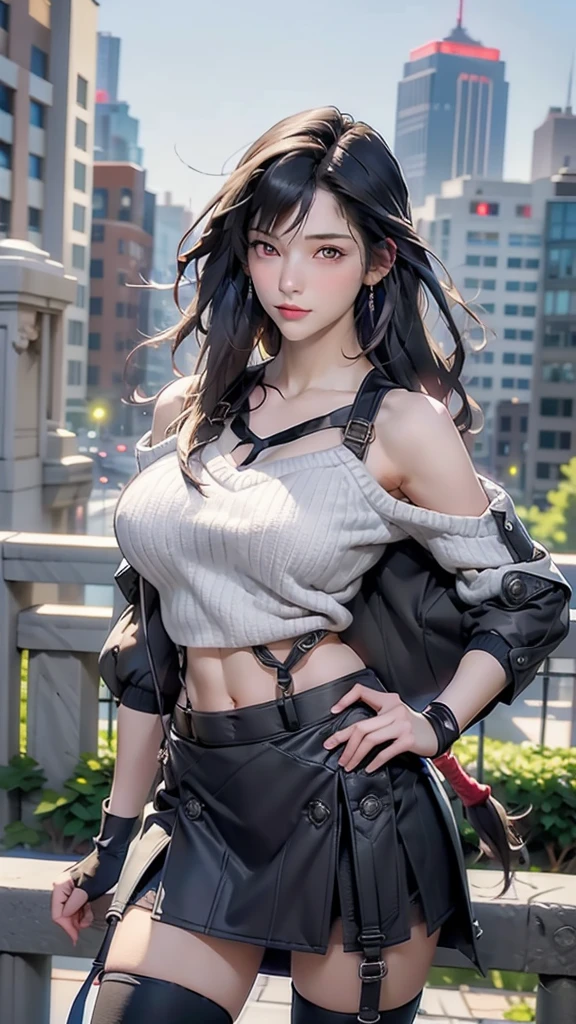 perfect eyes:1.2, detailed eyes:1.4, serious, hand on hip, night, city, metTifa, red eyes, large breasts, low-tied long hair, earrings, cropped sweater, blue sweater, off-shoulder, short sleeves, suspender skirt, elbow gloves, armored legwear, medium full shot, thigh-level shot, 1girl,(masterpiece:1.6, best quality),
