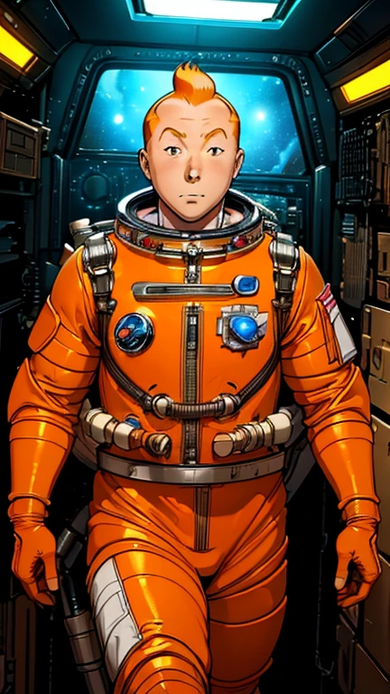 (Teens:1man: Tintin), (extremely detailed CG unit 8k wallpaper),(master part), (best quality), (ultra detali), (best illustration),(anime cartoon 3D), cowboy shot, (Sharp eyeliner, ombre, detailed eyes:1),Dark space station interiors background, ,break , (astronaut in an orange space suit), upper body, short hair, orange hair